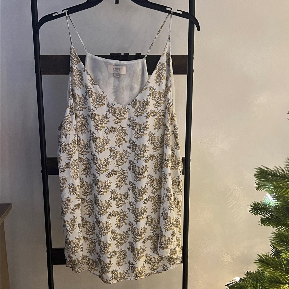 LOFT White and Gold Leaf Print Tank Top
